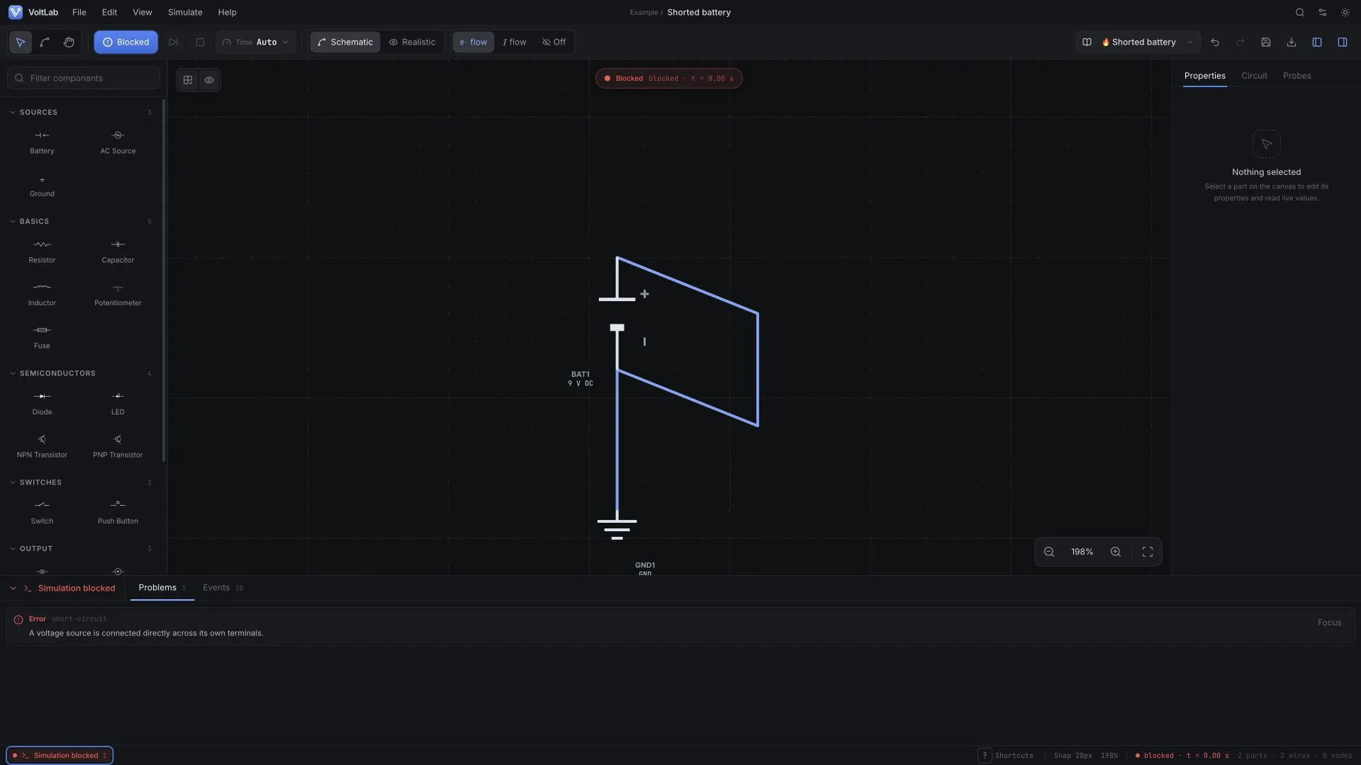 VoltLab diagnostics console explaining a shorted battery