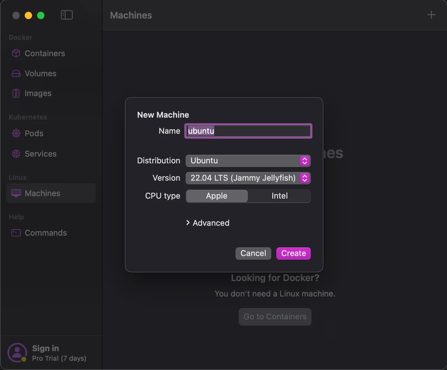 Creating a new linux machine