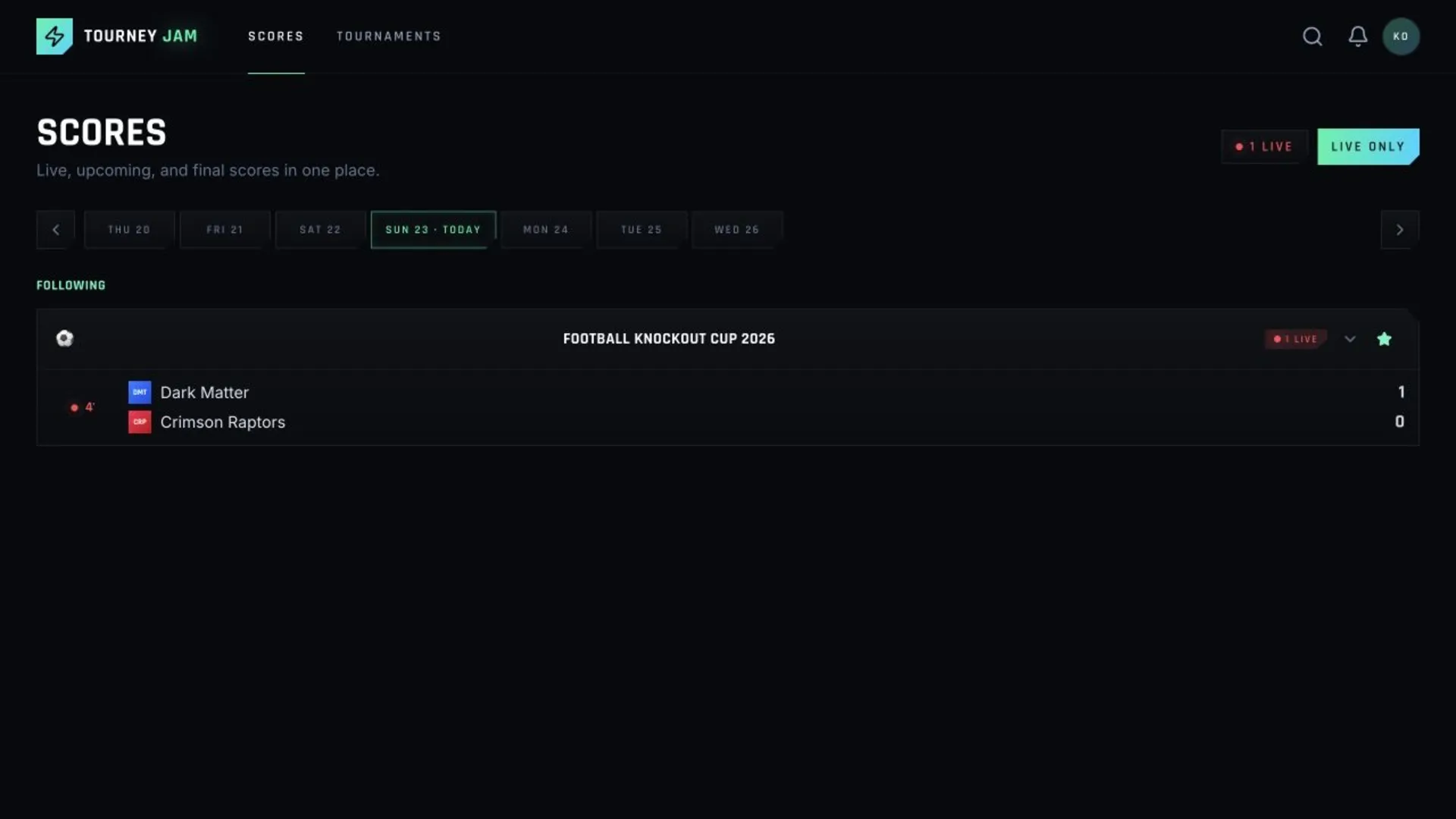 Tourney Jam live scores page