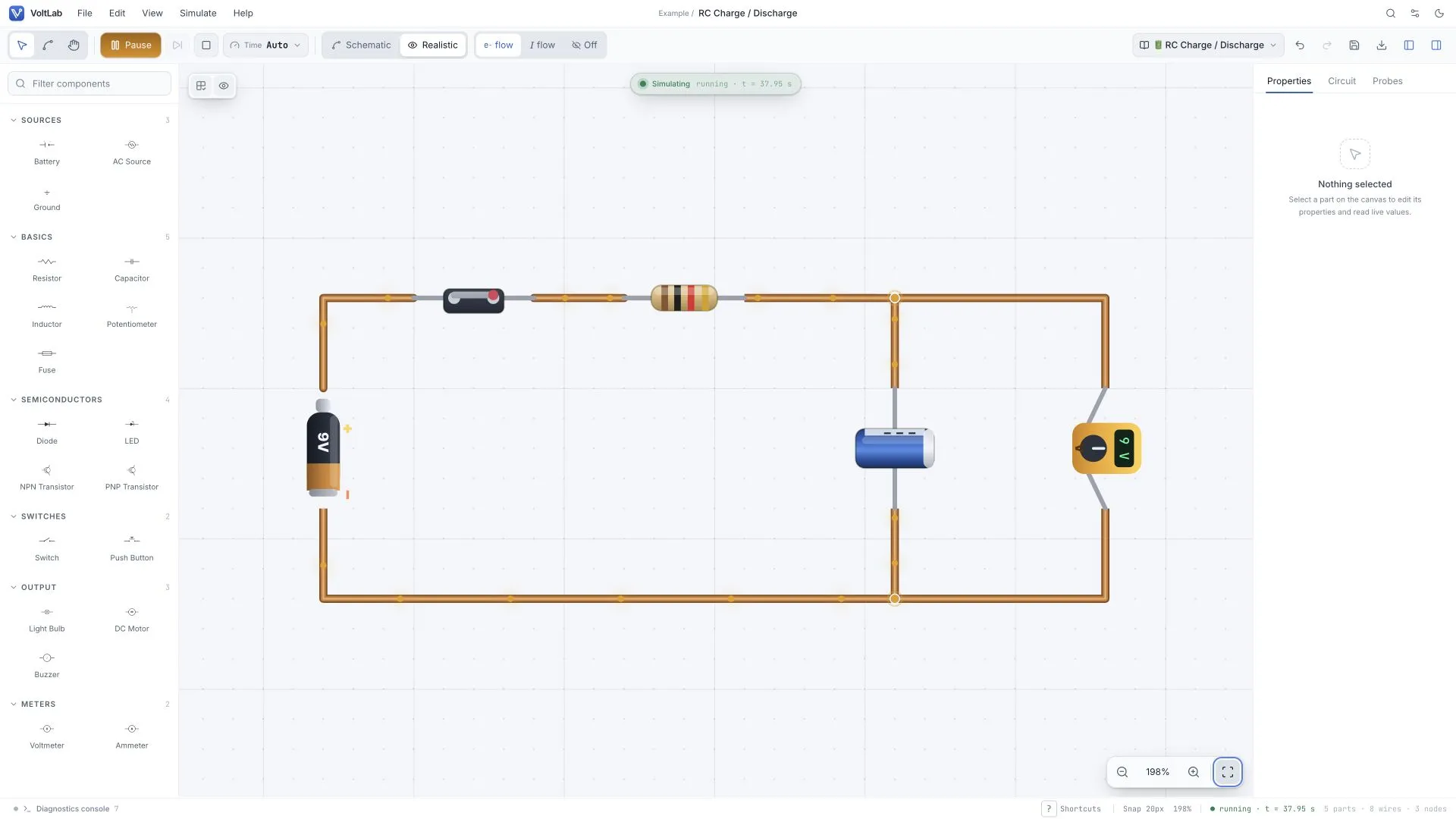 RC charge and discharge circuit in light realistic view