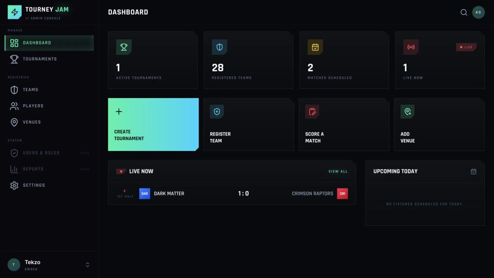 Tourney Jam organizer dashboard with one live match