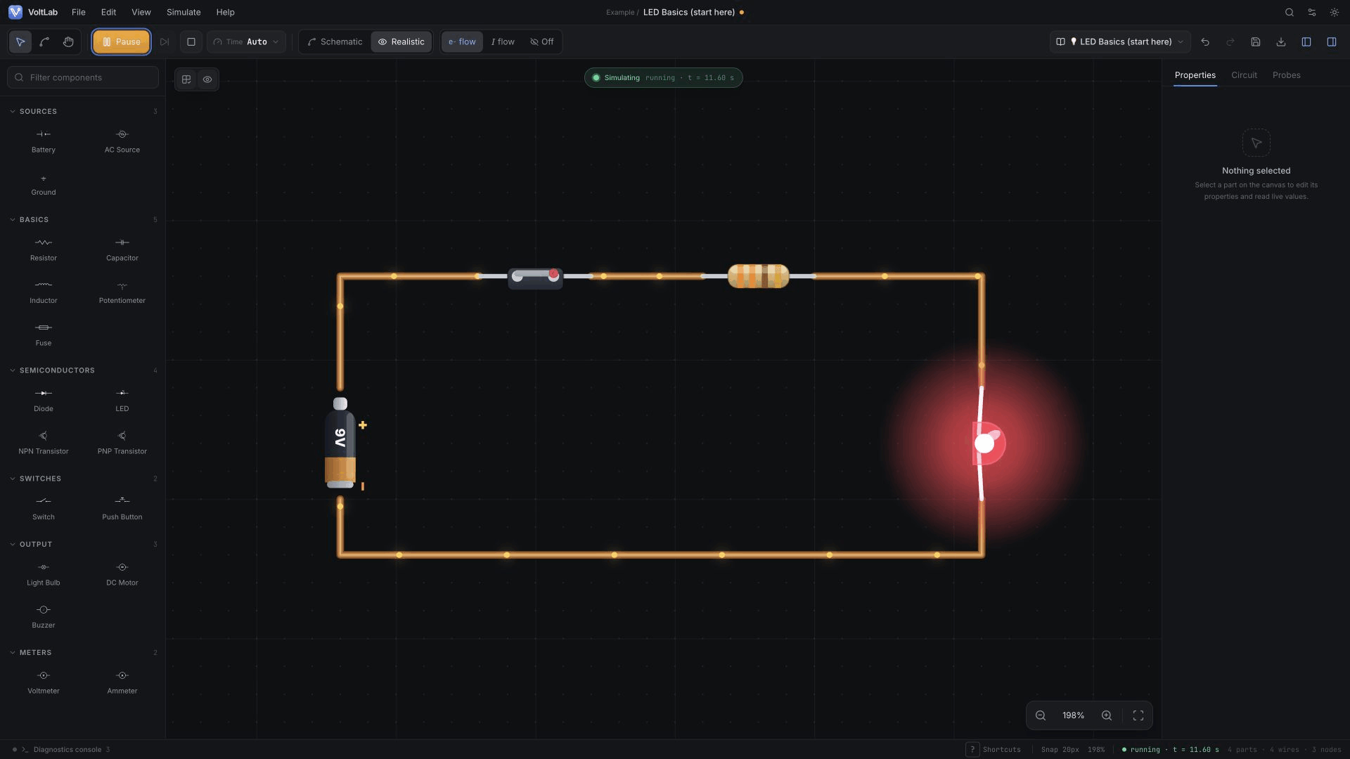 LED Basics circuit running with the LED on in realistic view
