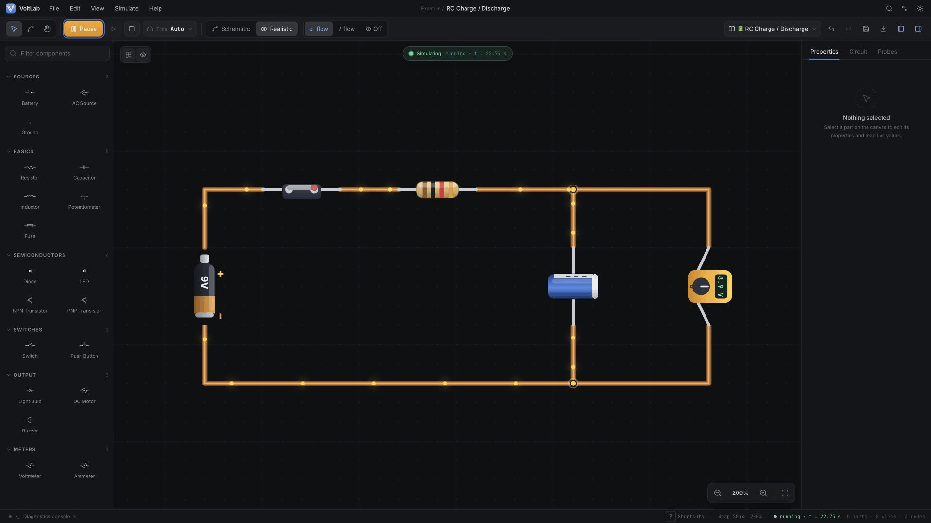 RC Charge and Discharge circuit running in realistic view